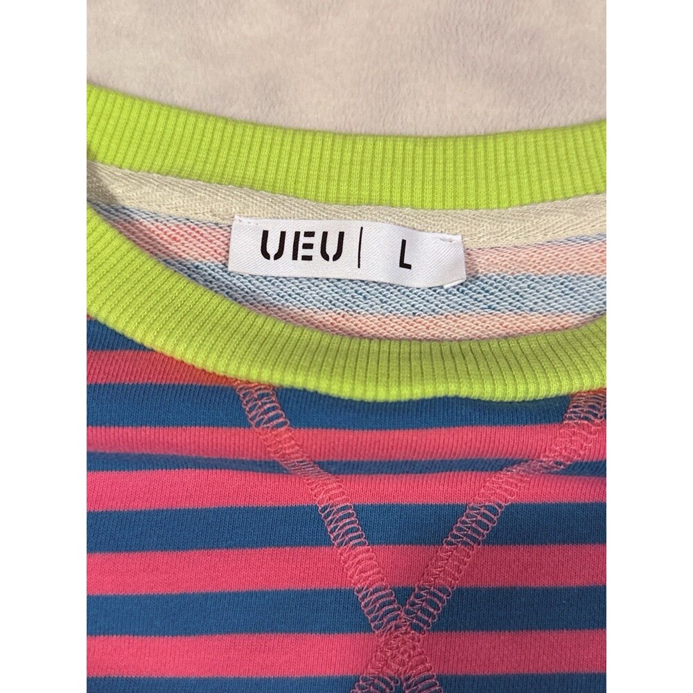 UEU Womans L Striped Crew Neck Long Sleeve Pullover Sweatshirt Pink Blue Neon - Picture 2 of 8